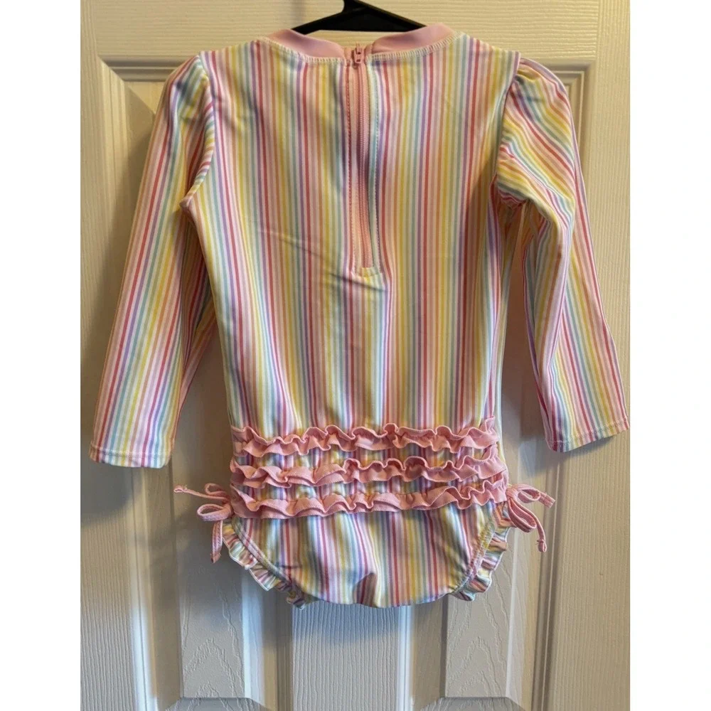 Ruffle Butts 3T Rainbow Striped Long Sleeve One Piece Rash Guard Swimsuit Swim